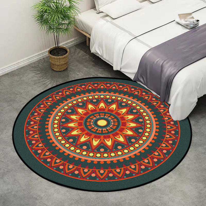 Vintage concentric circles pattern rug with flowers orange tribal rug polyester washable non-slip back rug for living room