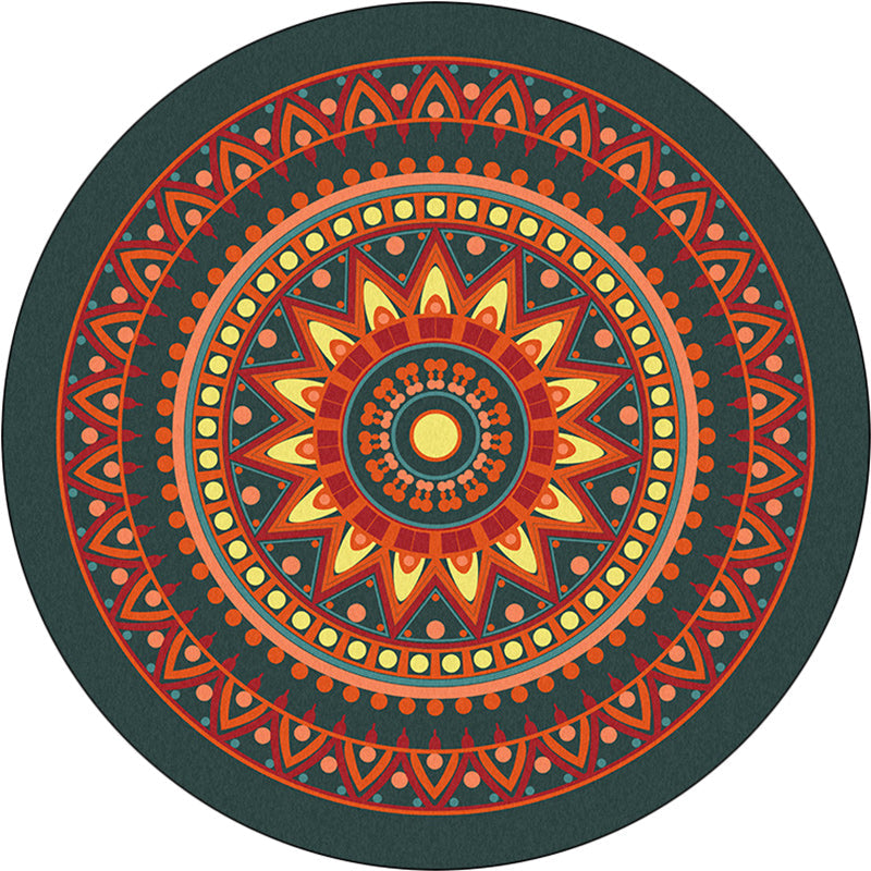 Vintage concentric circles pattern rug with flowers orange tribal rug polyester washable non-slip back rug for living room