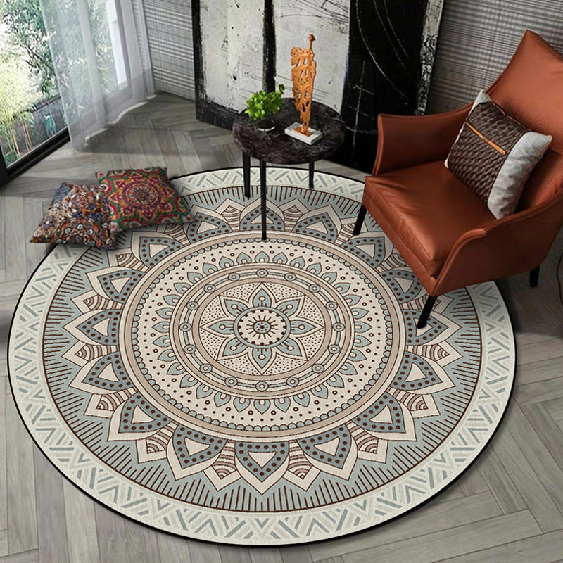 Light Green Southwest Carpet Polyester Concentric Circles and Floral Pattern Carpet Washable Non-Slip Back Carpet for Living Room