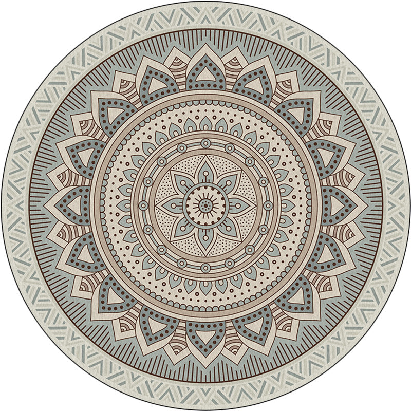 Light Green Southwest Carpet Polyester Concentric Circles and Floral Pattern Carpet Washable Non-Slip Back Carpet for Living Room