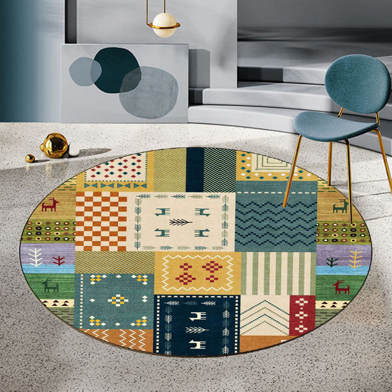 Classic Tribal Plaid Carpet Yellow and Green Vintage Carpet Polyester Washable Non-Slip Back Carpet for the Living Room
