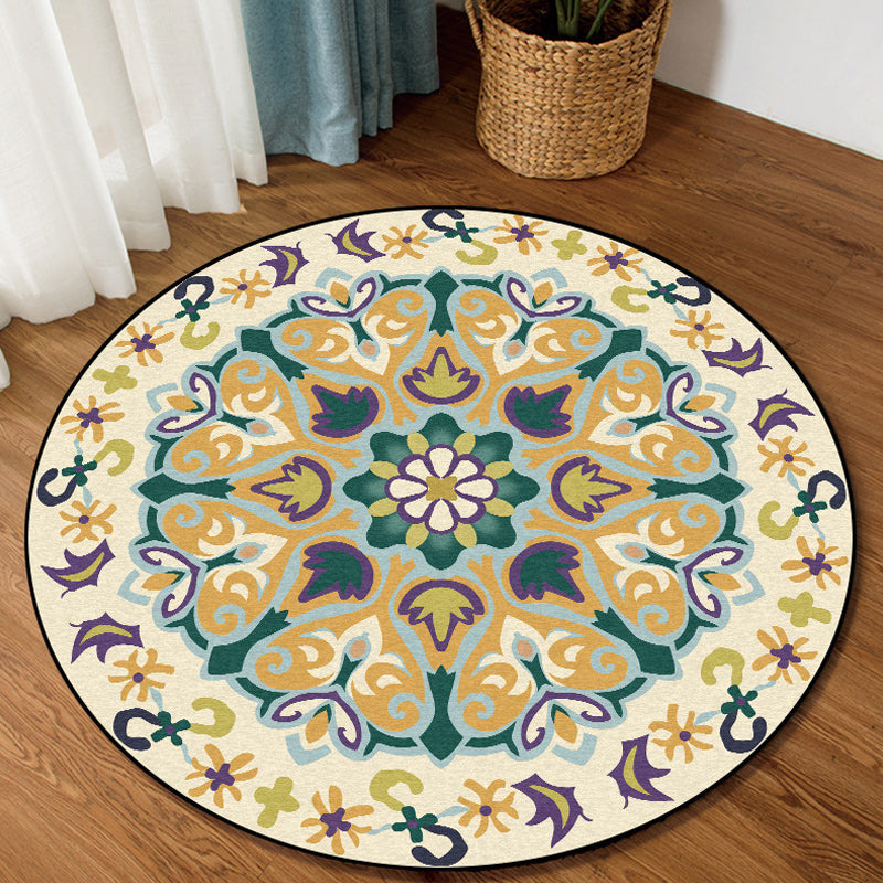 Yellow Moroccan Carpet Polyester Floral and Leaf Print Carpet Washable Non-Slip Back Carpet for Living Room