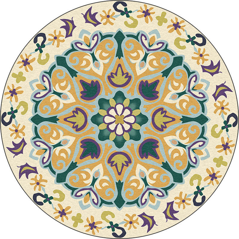 Yellow Moroccan Carpet Polyester Floral and Leaf Print Carpet Washable Non-Slip Back Carpet for Living Room