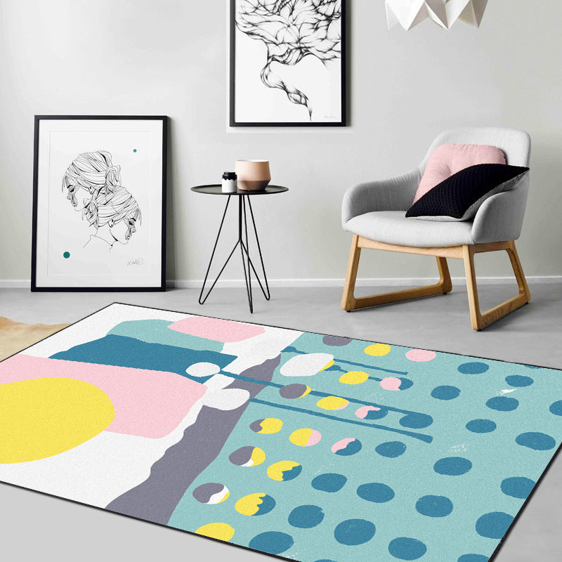 Blue and White Bedroom Rug Novelty Color Block Dots Pattern Area Rug Polyester Non-Slip Washable Rug