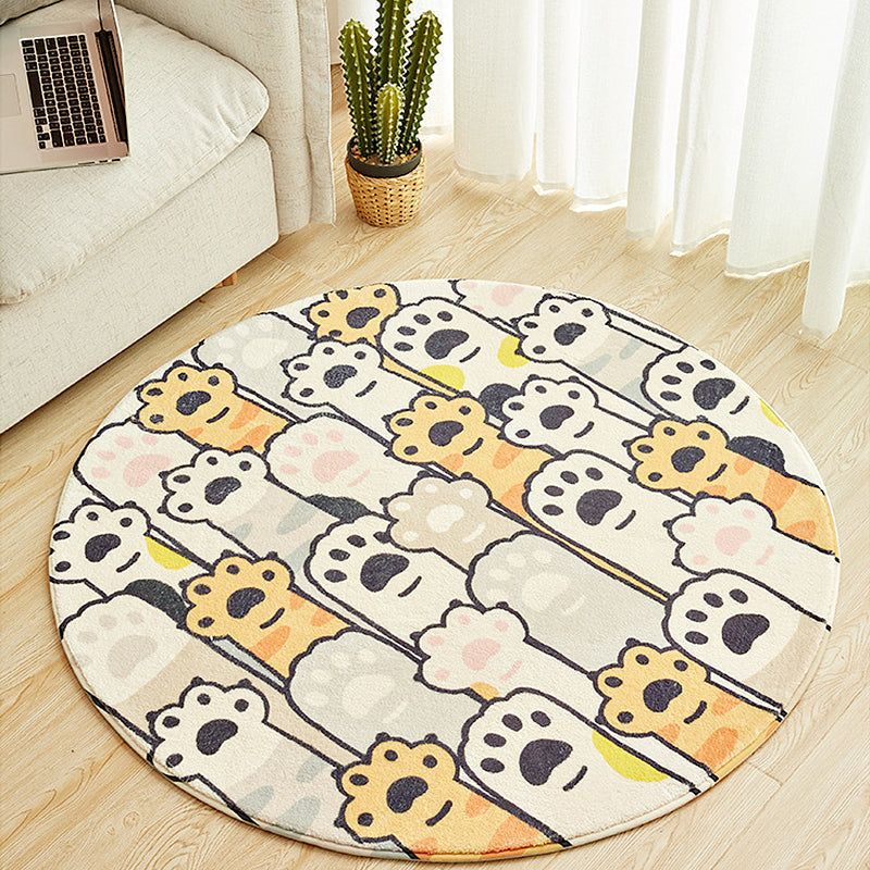 Yellow and White Kids Carpet Polyester Cat Paw Print Pattern Carpet Washable Non-Slip Rug for Kids Room