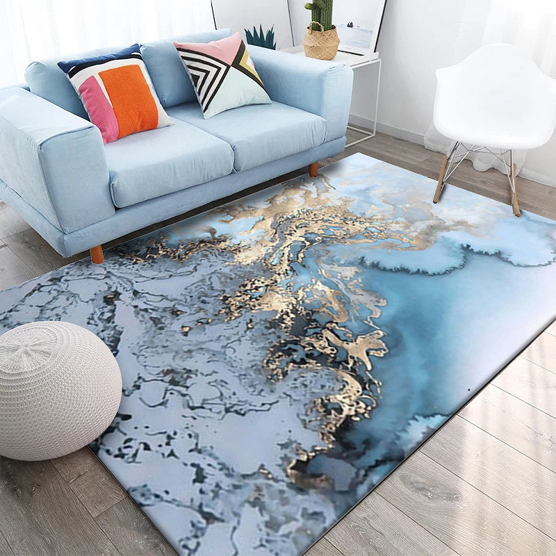 Unique Watercolor Pattern Carpet Blue and Grey Modern Carpet Polyester Washable Non-Slip Backing Area Rug for Living Room