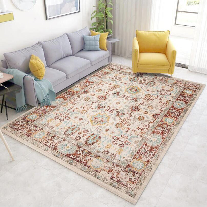 Bleached Flower Rug Light Red Shabby Chic Rug Polyester Washable Non-Slip Underlay Rug for the Living Room