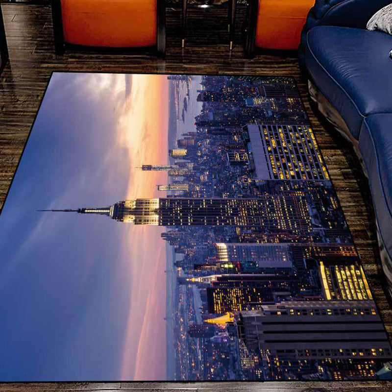 Modern Geography Print Rug Blue Polyester Rug Machine Washable Non-Slip Rug for the Bedroom