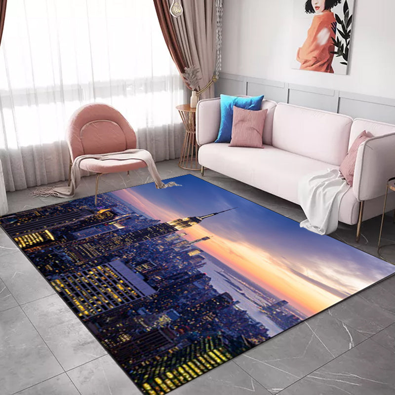 Modern Geography Print Rug Blue Polyester Rug Machine Washable Non-Slip Rug for the Bedroom