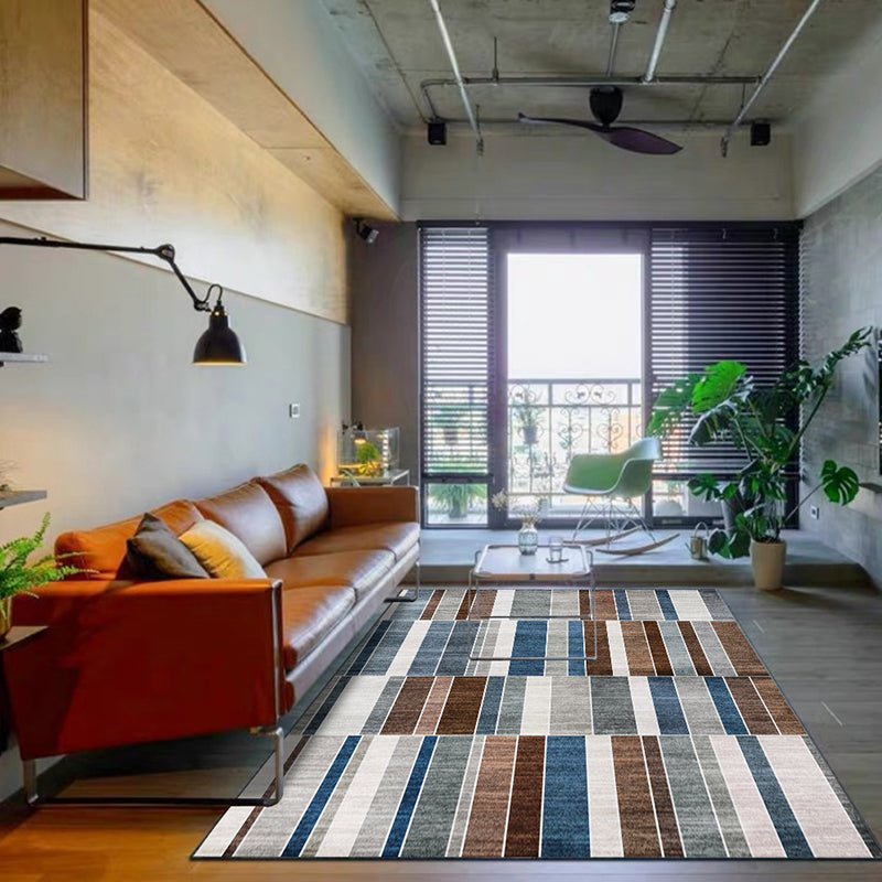 Contemporary striped rug brown and blue polyester rug machine washable non-slip rug for the bedroom