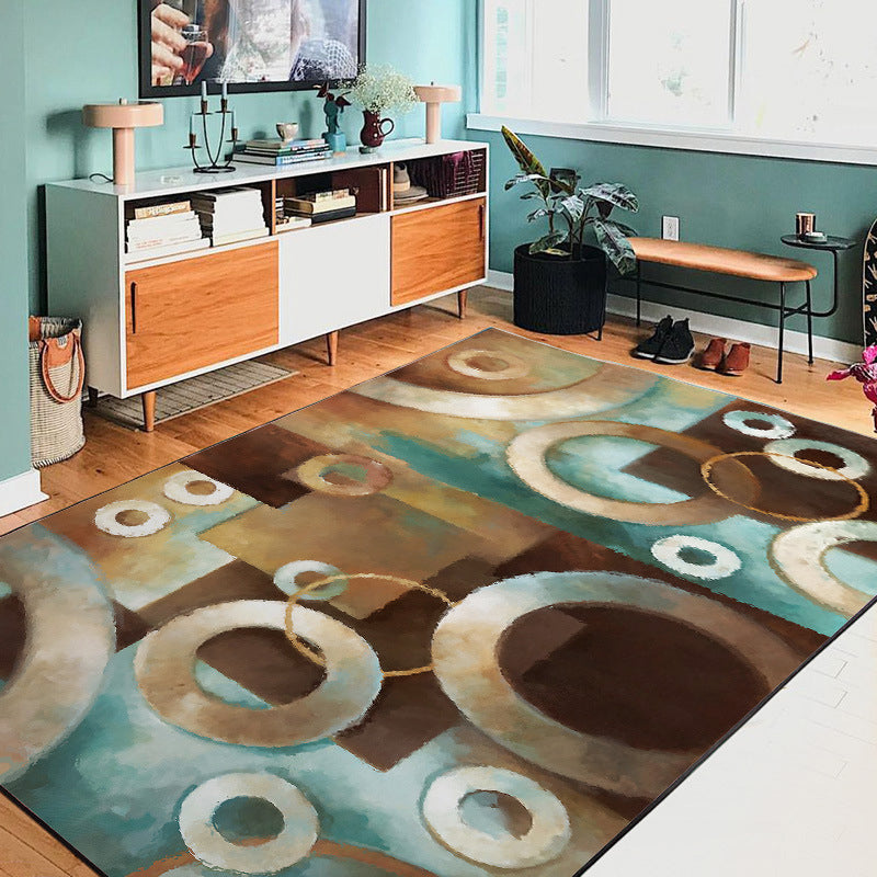 Brown and Blue Leisure Carpet Polyester Geometric Carpet Washable Non-Slip Underlay Carpet for the Living Room