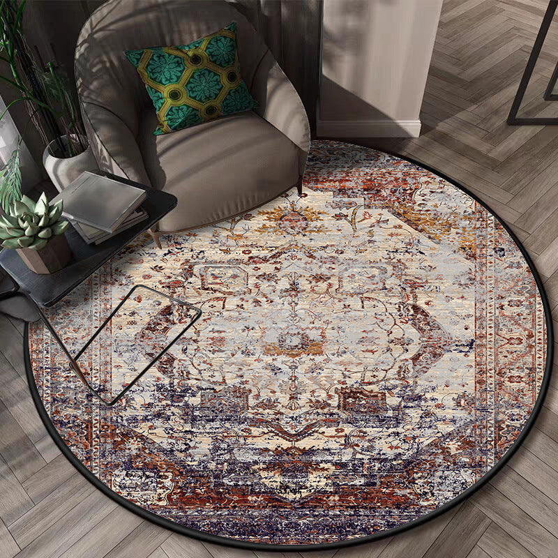 Shabby Chic Medallion Pattern Rug Red and Brown Polyester Rug Machine Washable Non-Slip Rug for the Bedroom