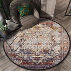 Shabby Chic Medallion Pattern Rug Red and Brown Polyester Rug Machine Washable Non-Slip Rug for the Bedroom