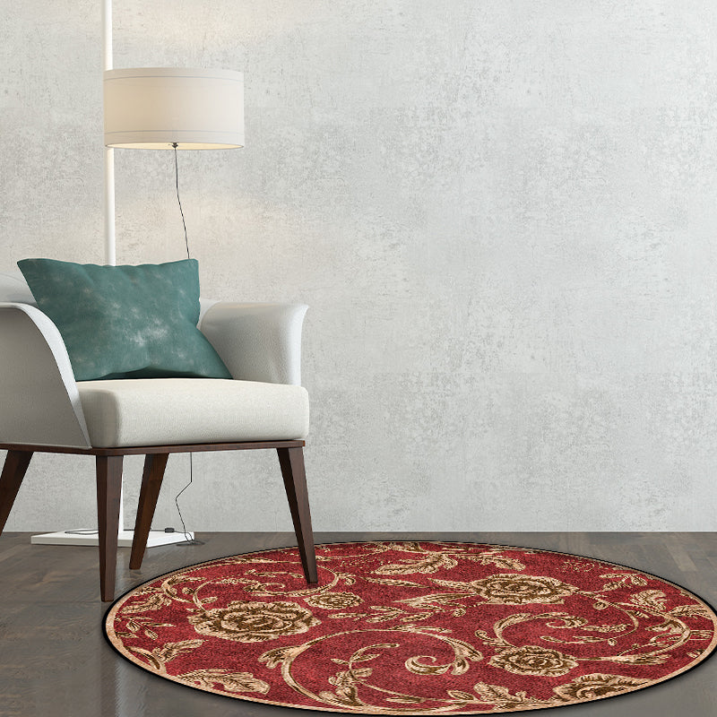 Classic floral pattern rug with leaf Red polyester rug machine washable non-slip rug for the bedroom