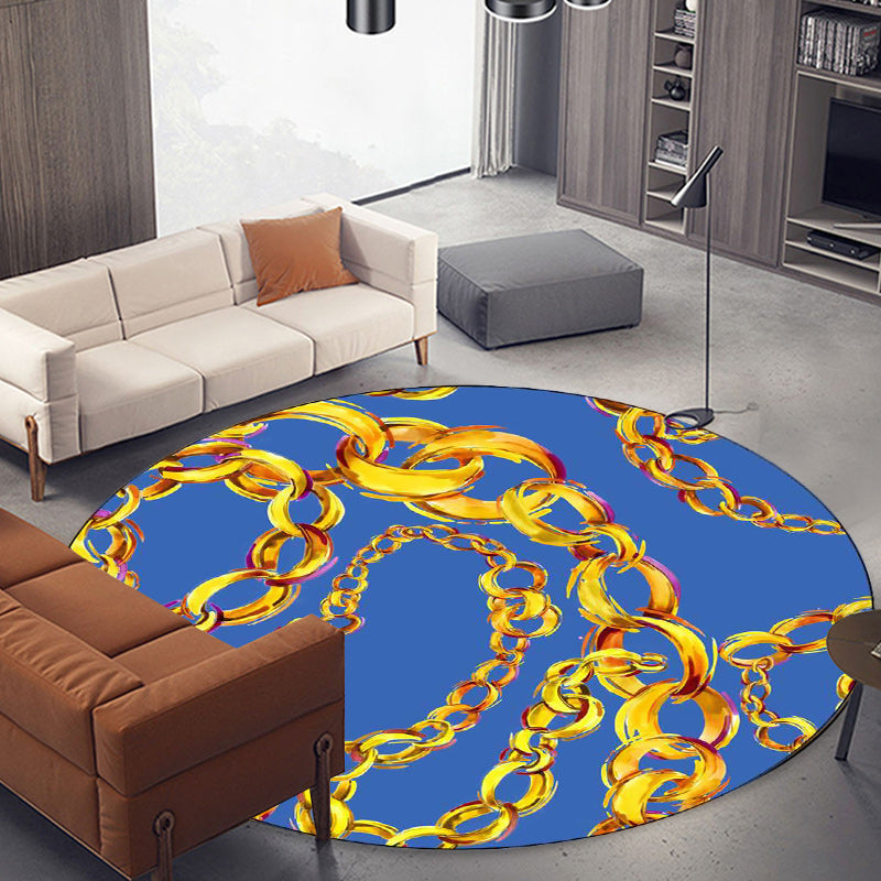 Blue Bedroom Rug Modern Chain Pattern Area Rug Polyester Machine Washable Stain Resistant Rug