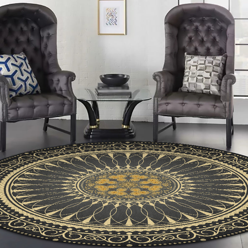 Vintage Floral Pattern Rug Black Tribal Rug Polyester Washable Anti-Slip Backing Rug for Living Room