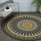 Vintage Floral Pattern Rug Black Tribal Rug Polyester Washable Anti-Slip Backing Rug for Living Room
