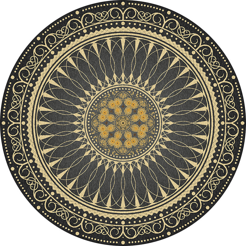 Vintage Floral Pattern Rug Black Tribal Rug Polyester Washable Anti-Slip Backing Rug for Living Room