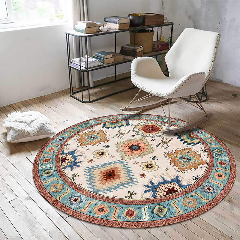 Vintage Southwest Pattern Rug with floral apricot and blue tribal rug, polyester washable, non-slip backing area rug for living room