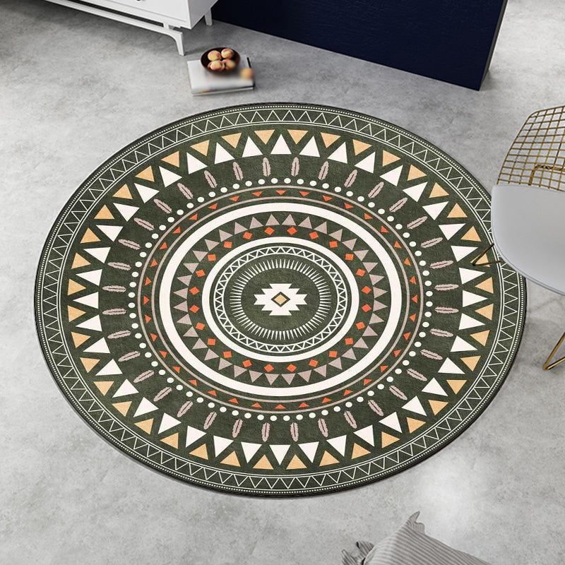 Vintage concentrated circles pattern rug blue and green tribal rug polyester washable with anti-slip backing rug for living room