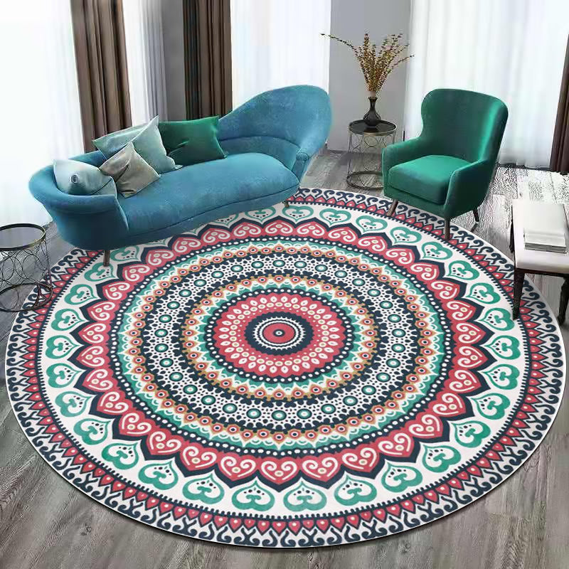 Red and green southwestern carpet polyester concentric circles pattern carpet washable non-slip backing carpet for living room