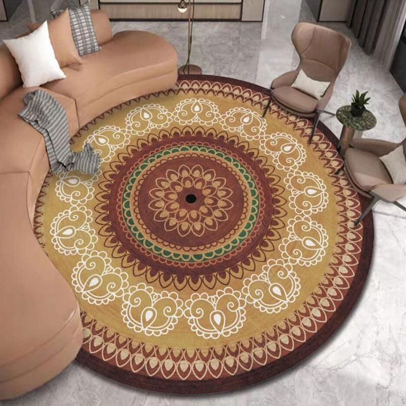 Vintage concentrated circles pattern rug with flowers yellow tribal rug polyester washable non-slip backing rug for the living room