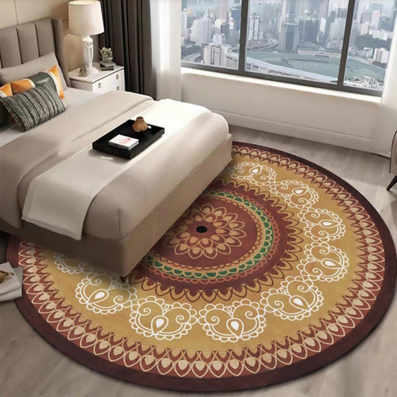 Vintage concentrated circles pattern rug with flowers yellow tribal rug polyester washable non-slip backing rug for the living room