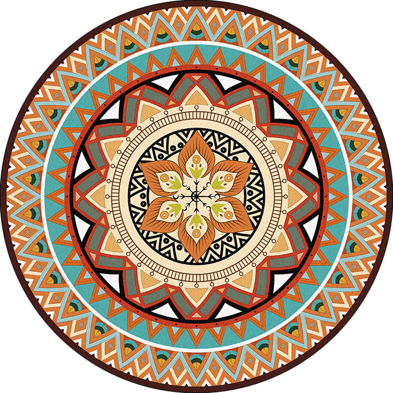 Traditional concentric circle patterned rug with floral orange tribal rug made of polyester washable non-slip backing rug for the living room
