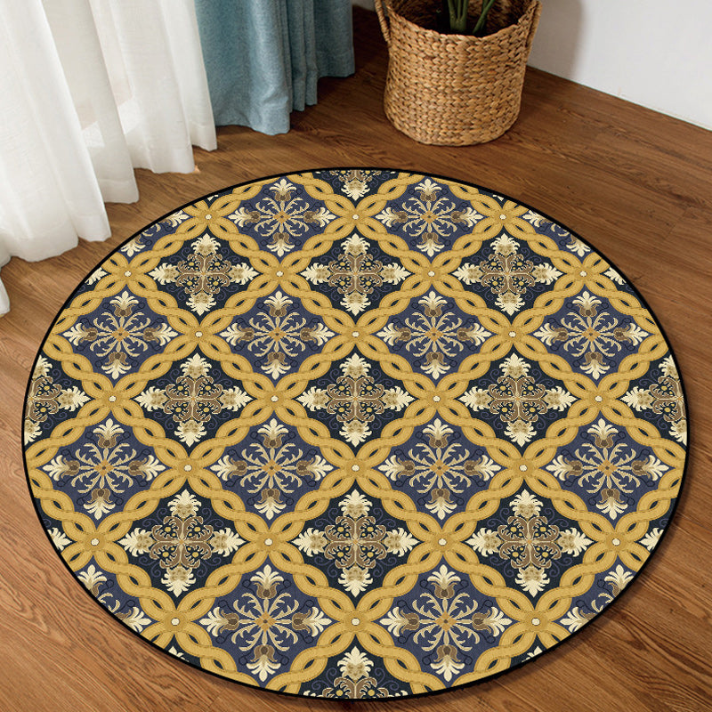 Yellow Moroccan Polyester Azulejo and Flower Pattern Rug washable non-slip backing rug for the living room