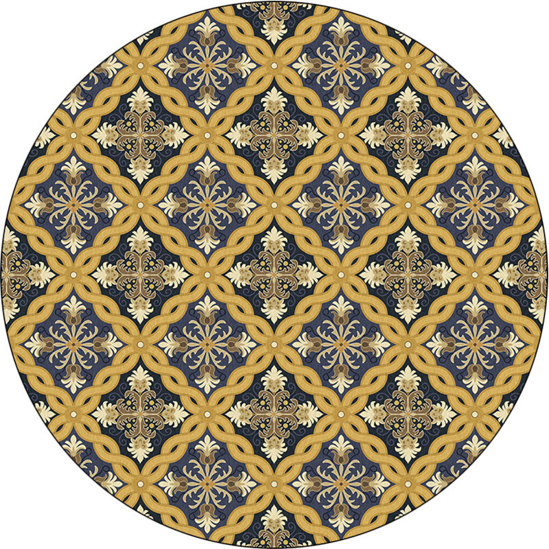 Yellow Moroccan Polyester Azulejo and Flower Pattern Rug washable non-slip backing rug for the living room