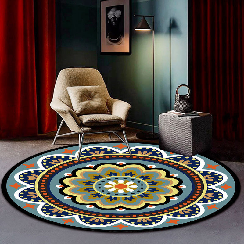 Classic floral pattern carpet blue tribal carpet polyester washable non-slip backing carpet for the living room