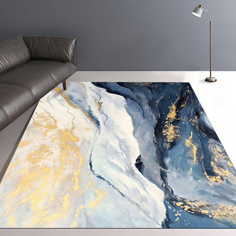 Blue and Gold Bedroom Carpet Modern Abstract Cloud Pattern Area Rug Polyester Non-Slip Washable Rug