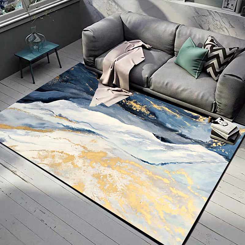 Blue and Gold Bedroom Carpet Modern Abstract Cloud Pattern Area Rug Polyester Non-Slip Washable Rug