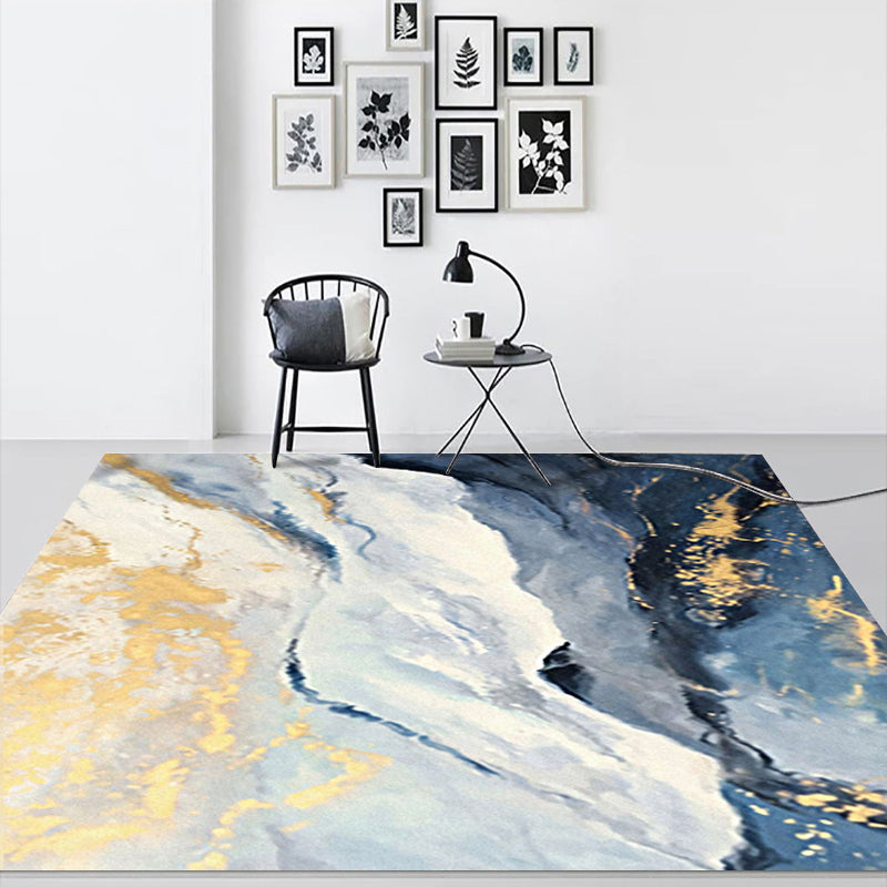 Blue and Gold Bedroom Carpet Modern Abstract Cloud Pattern Area Rug Polyester Non-Slip Washable Rug