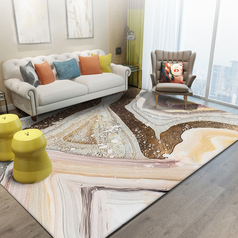 Ivory and brown bedroom rug Modern abstract stone pattern area rug Polyester pet-friendly washable rug