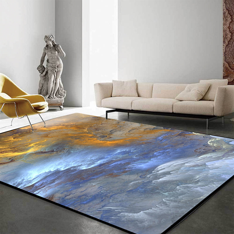 Modern living room rug in blue and yellow abstract cloud pattern rug polyester stain resistant washable area rug