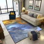 Modern living room rug in blue and yellow abstract cloud pattern rug polyester stain resistant washable area rug
