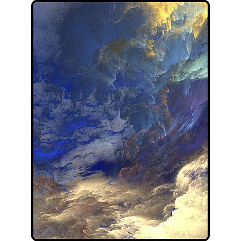 Modern living room rug in blue and yellow abstract cloud pattern rug polyester stain resistant washable area rug