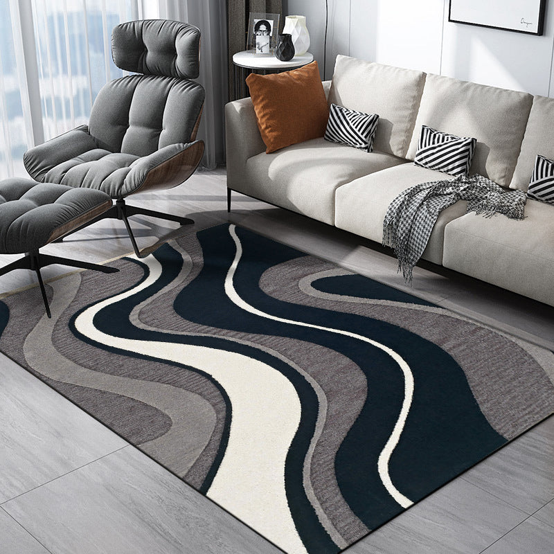 Black and gray bedroom rug modern abstract swirl line pattern rug washable polyester pet-friendly rug