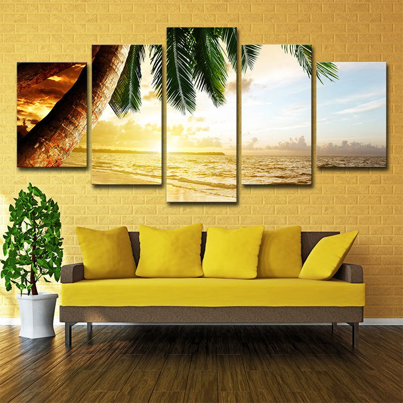 Beach Palm Tree Canvas Art Tropix Beautiful Sunset over the Sea Scene Wall Decoration in Gold