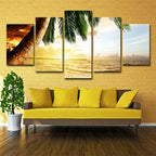Beach Palm Tree Canvas Art Tropix Beautiful Sunset over the Sea Scene Wall Decoration in Gold