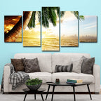 Beach Palm Tree Canvas Art Tropix Beautiful Sunset over the Sea Scene Wall Decoration in Gold
