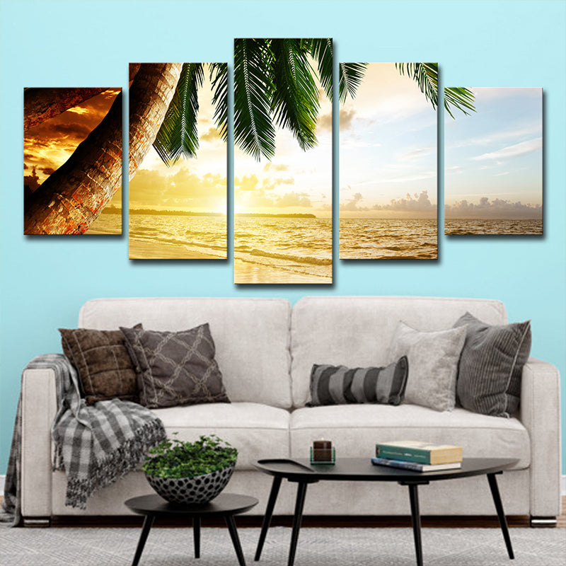 Beach Palm Tree Canvas Art Tropix Beautiful Sunset over the Sea Scene Wall Decoration in Gold