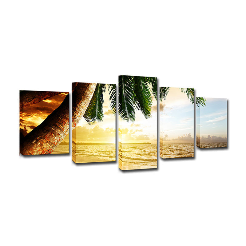 Beach Palm Tree Canvas Art Tropix Beautiful Sunset over the Sea Scene Wall Decoration in Gold