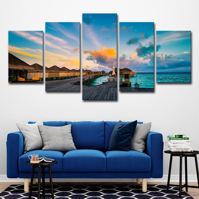 Maldives Sunset View Wall Art Multi-part Tropical Hotel Canvas Print in Blue