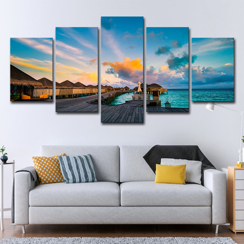 Maldives Sunset View Wall Art Multi-part Tropical Hotel Canvas Print in Blue