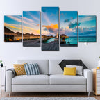 Maldives Sunset View Wall Art Multi-part Tropical Hotel Canvas Print in Blue