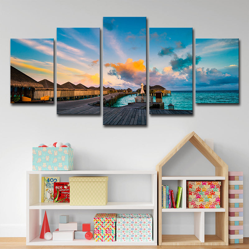 Maldives Sunset View Wall Art Multi-part Tropical Hotel Canvas Print in Blue