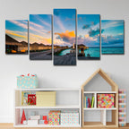 Maldives Sunset View Wall Art Multi-part Tropical Hotel Canvas Print in Blue