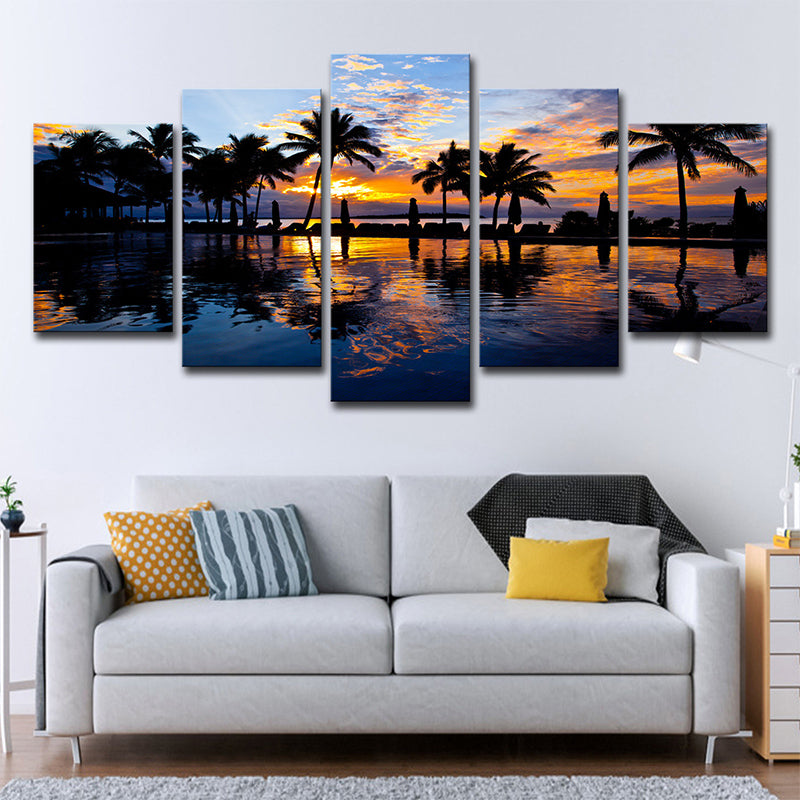 Tropix Sunset Glow Wall Decoration Print in Orange Palm and Pool Canvas for Room